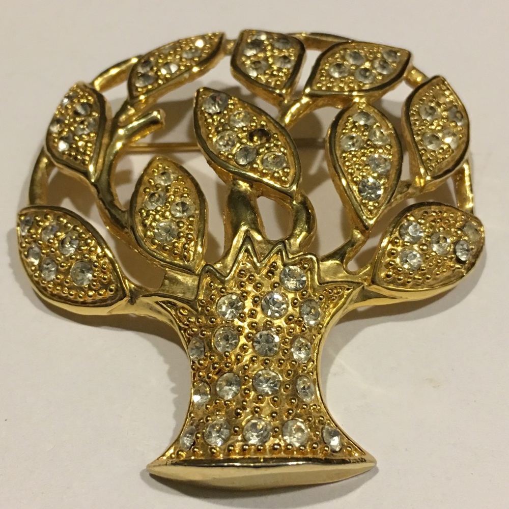 Vintage Rhinestone Gold Tone Tree Brooch